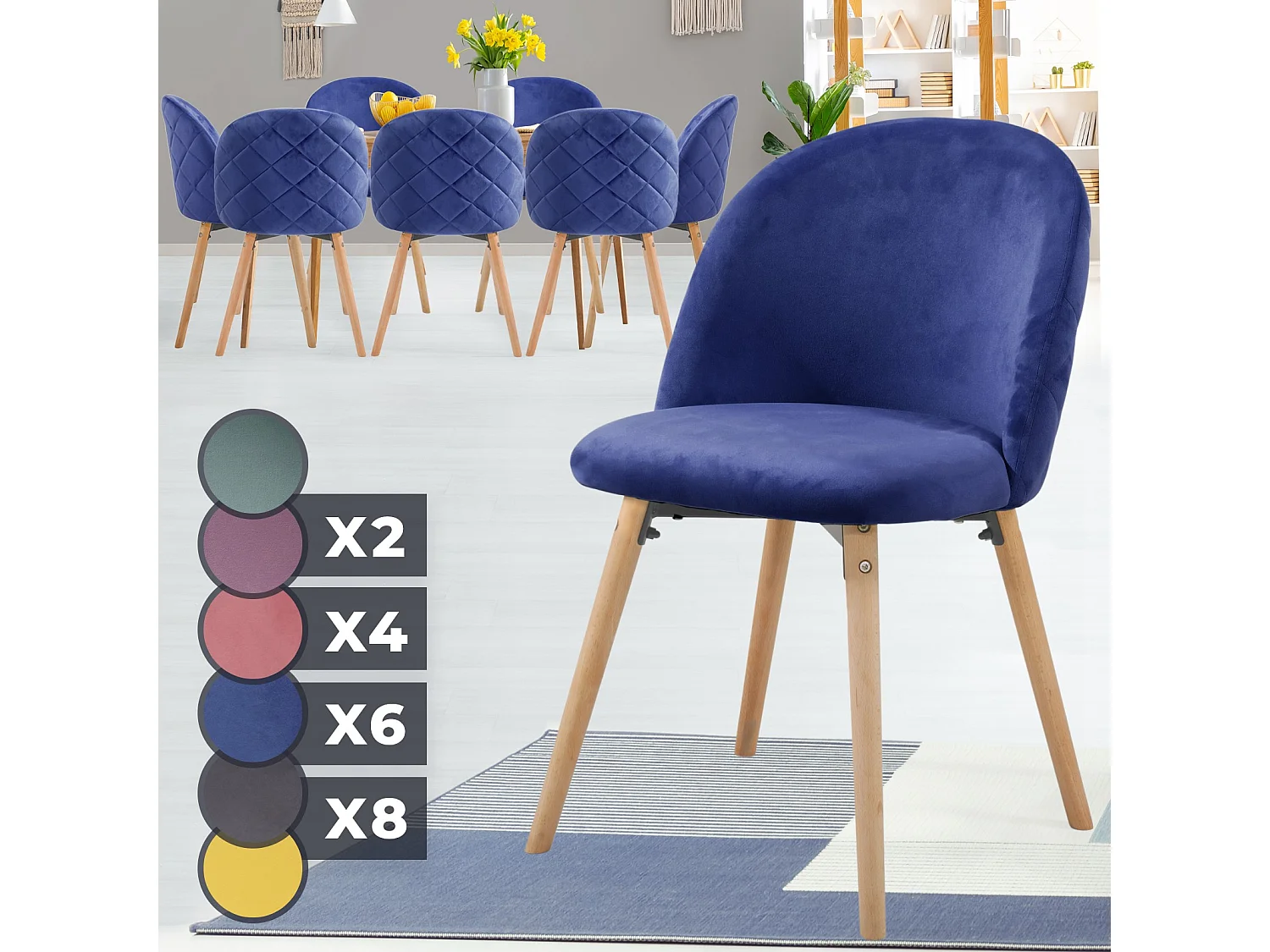 Floraya - set 8 moderne fluwelen eetkamerstoelen - licht blauw