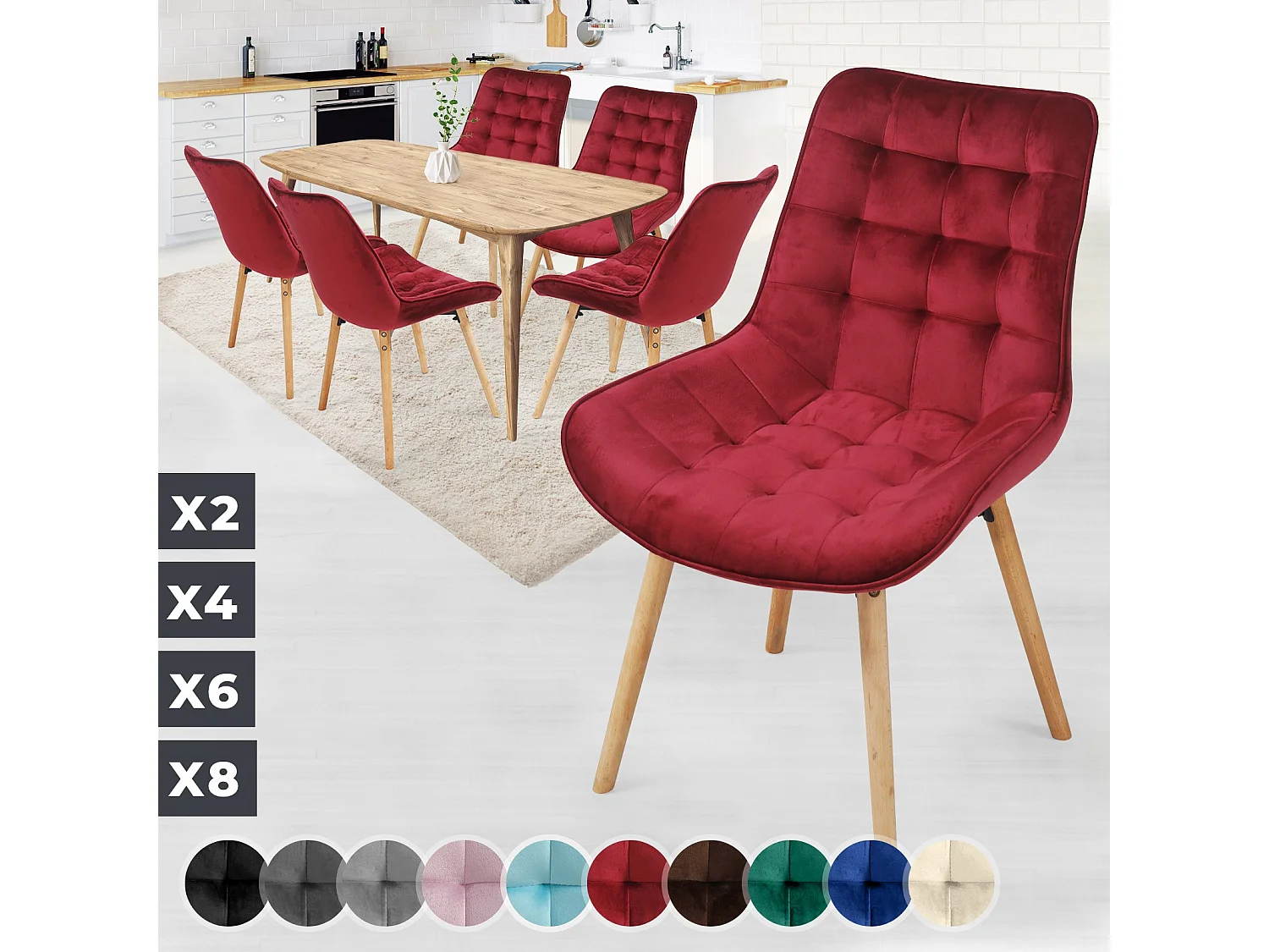 Floraya - set 6 trendy fluwelen eetkamerstoelen - rood