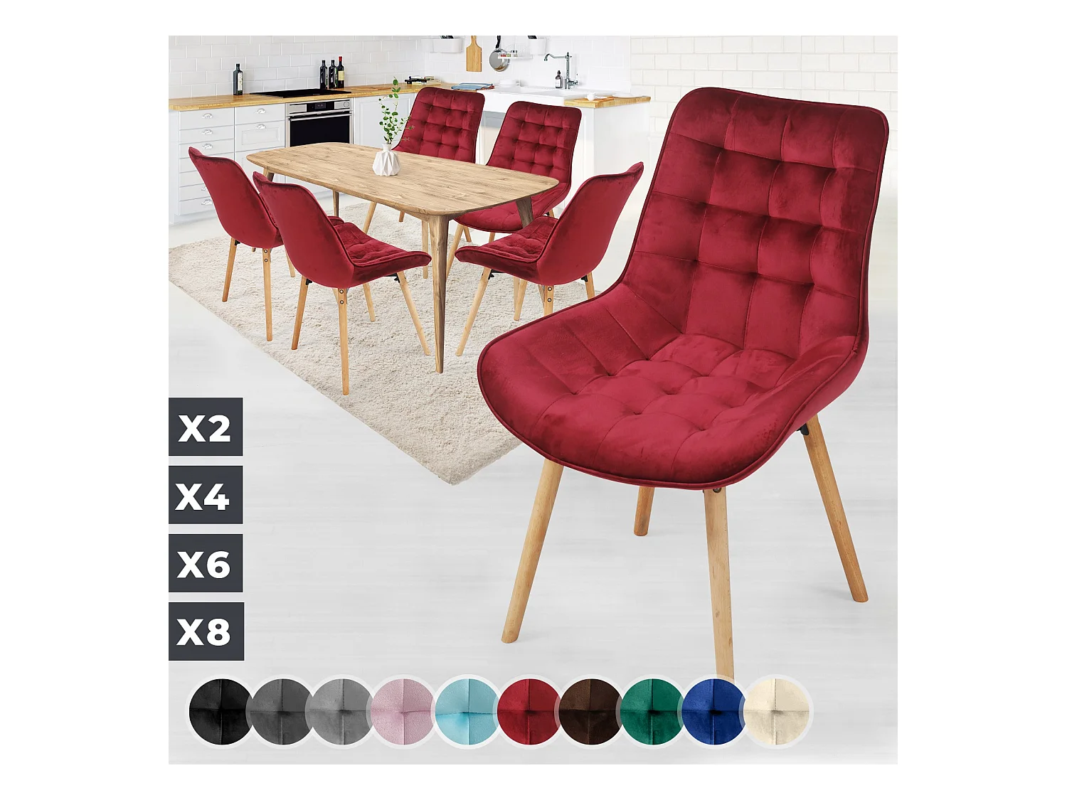 Floraya - ensemble 6 chaises de salle à manger branché en velours - rouge foncé