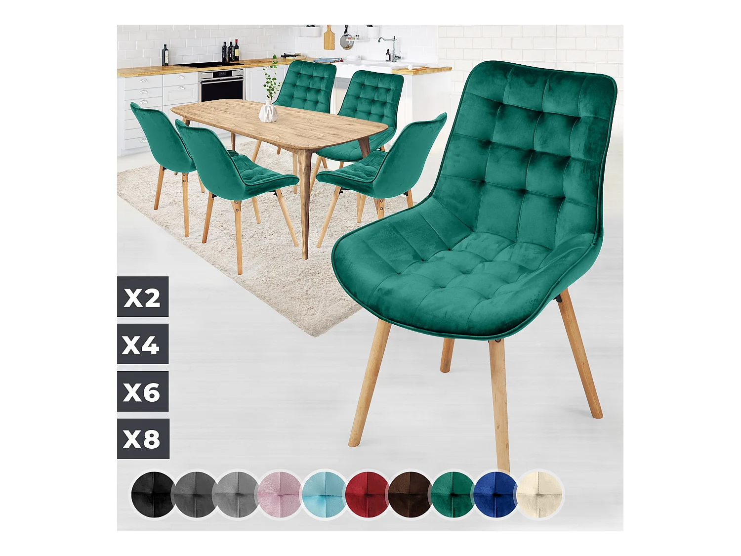 Floraya - set 6 trendy fluwelen eetkamerstoelen - groen