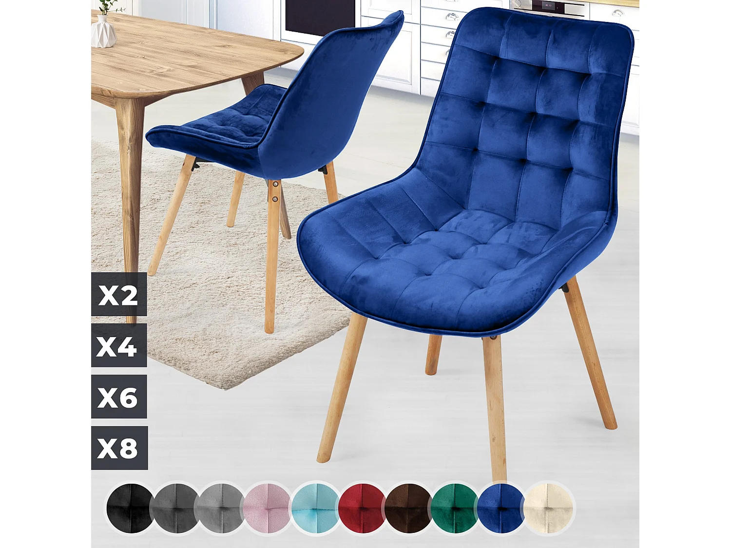 Floraya - ensemble 2 chaises de salle à manger branché en velours - bleu