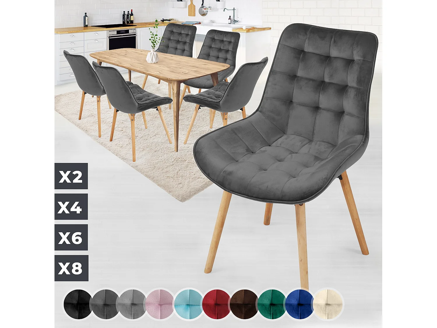 Floraya - set 6 trendy fluwelen eetkamerstoelen - donker grijs