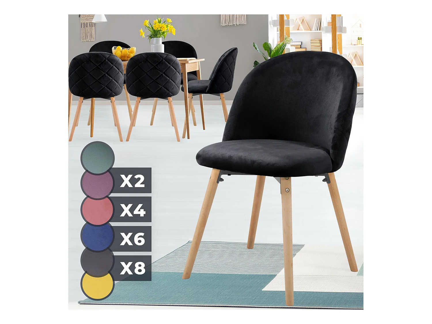 Floraya - set 6 moderne fluwelen eetkamerstoelen - zwart