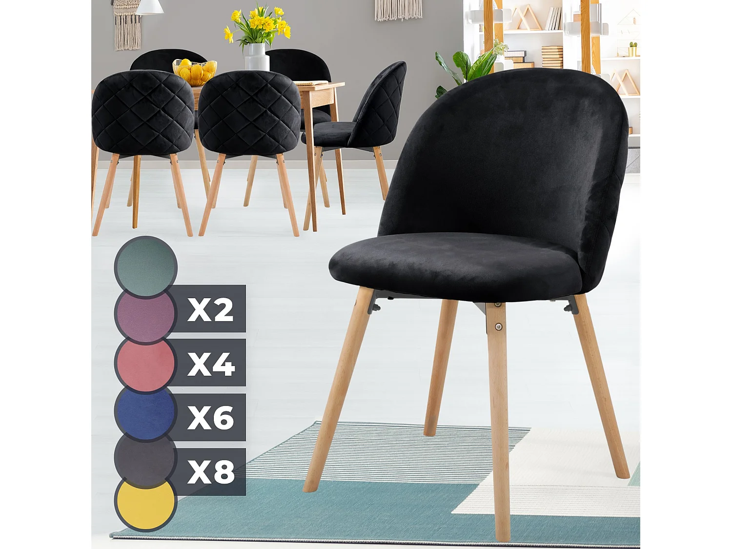 Floraya - set 6 moderne fluwelen eetkamerstoelen - zwart