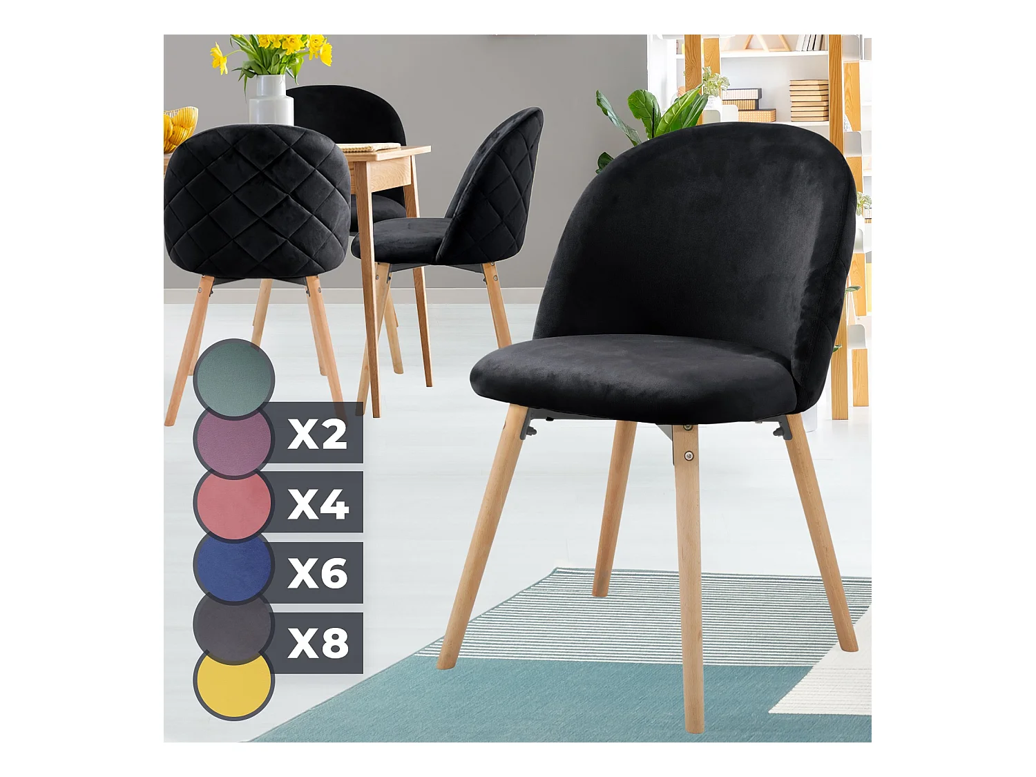 Floraya - set 4 moderne fluwelen eetkamerstoelen - zwart