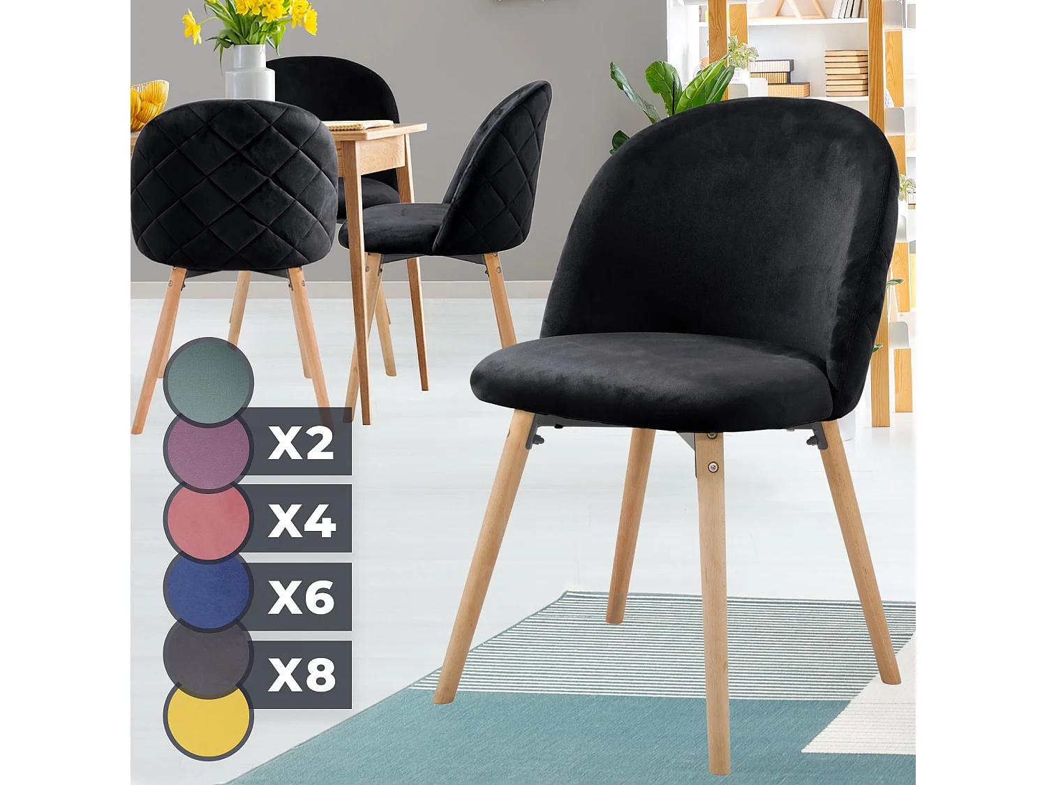 Floraya - set 4 moderne fluwelen eetkamerstoelen - zwart
