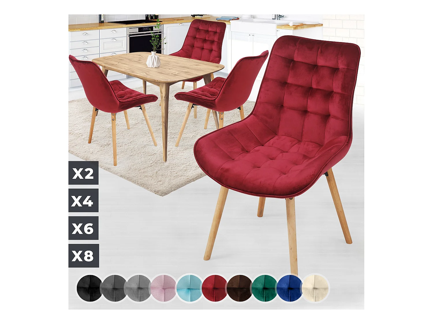 Floraya - set 4 trendy fluwelen eetkamerstoelen - rood