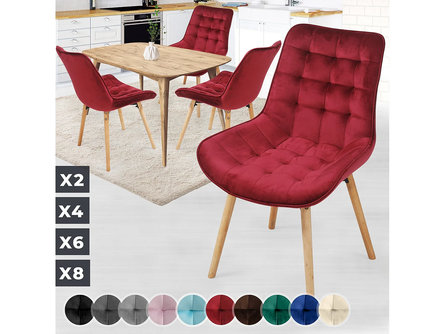 Floraya - set 4 trendy fluwelen eetkamerstoelen - rood