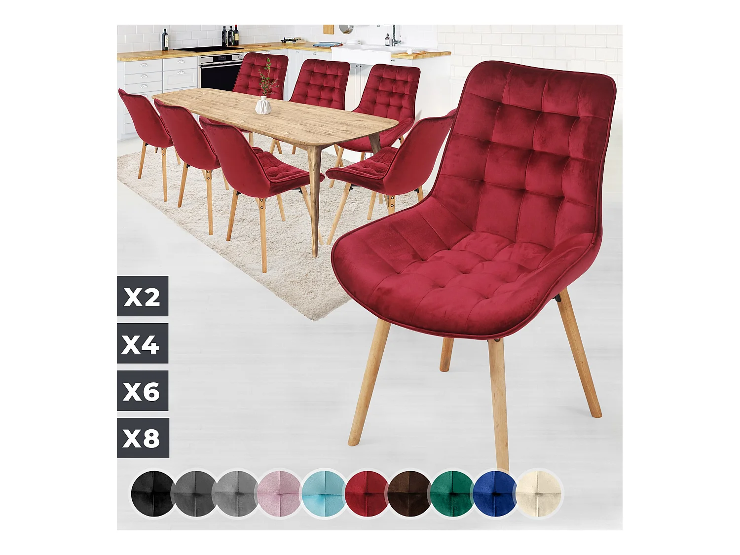 Floraya - set 8 trendy fluwelen eetkamerstoelen - rood