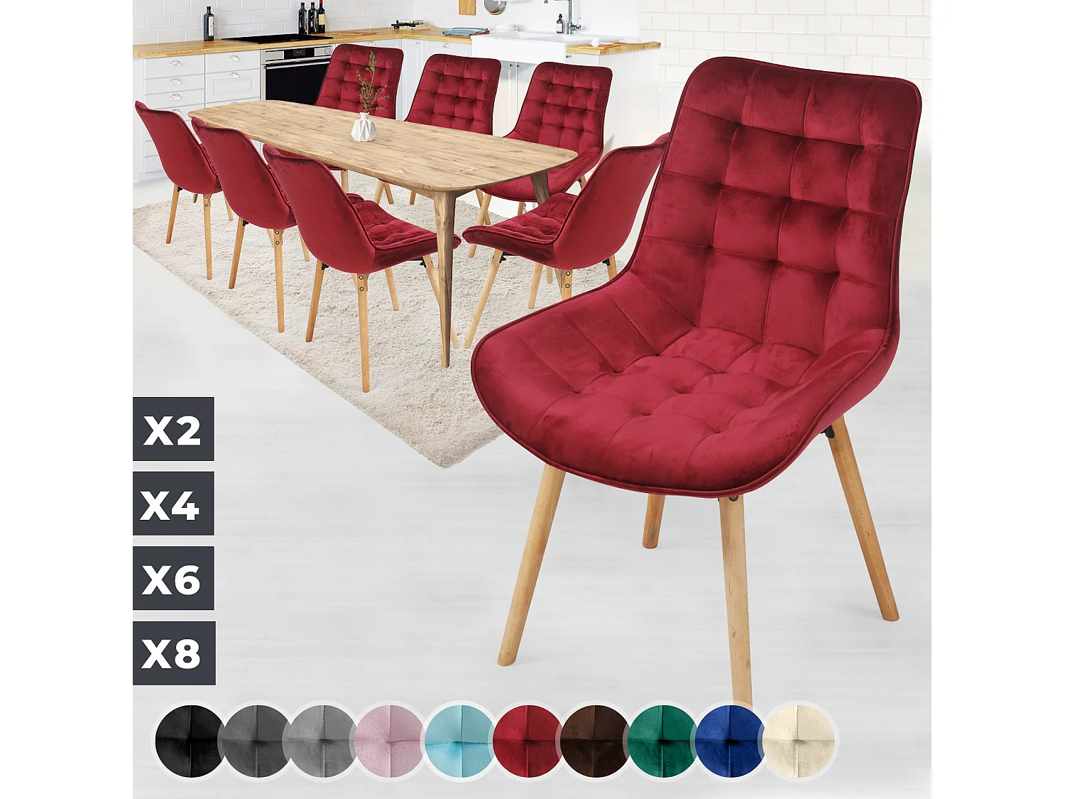 Floraya - set 8 trendy fluwelen eetkamerstoelen - rood