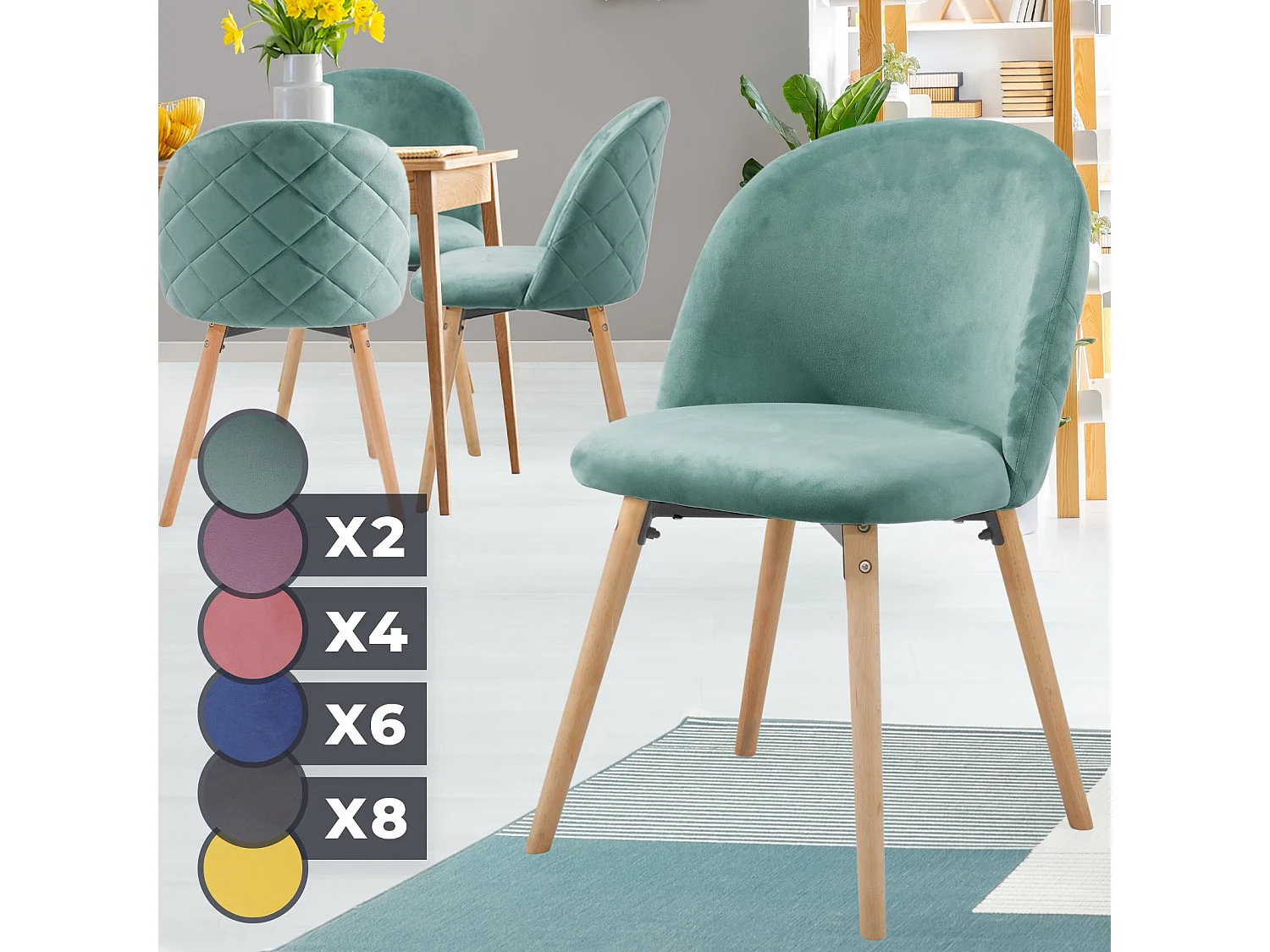 Floraya - set 4 moderne fluwelen eetkamerstoelen - turquoise