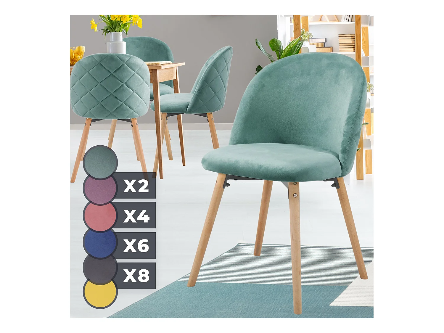 Floraya - set 4 moderne fluwelen eetkamerstoelen - turquoise