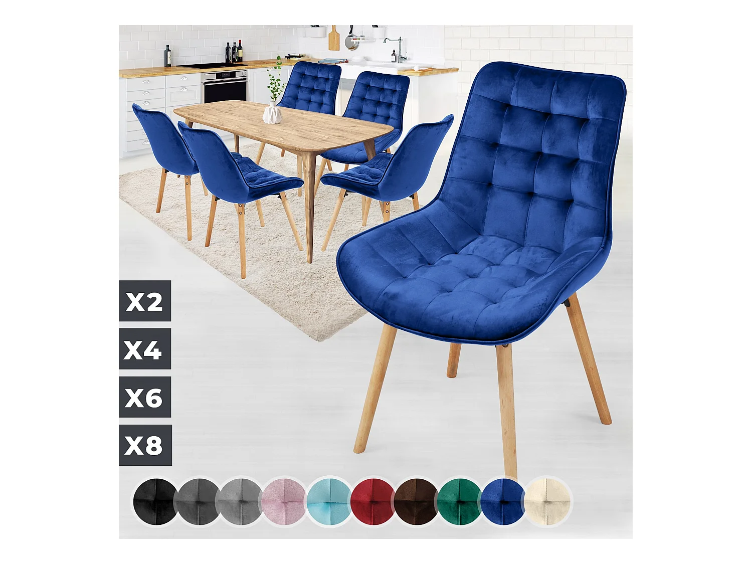 Floraya - set 6 trendy fluwelen eetkamerstoelen - blauw