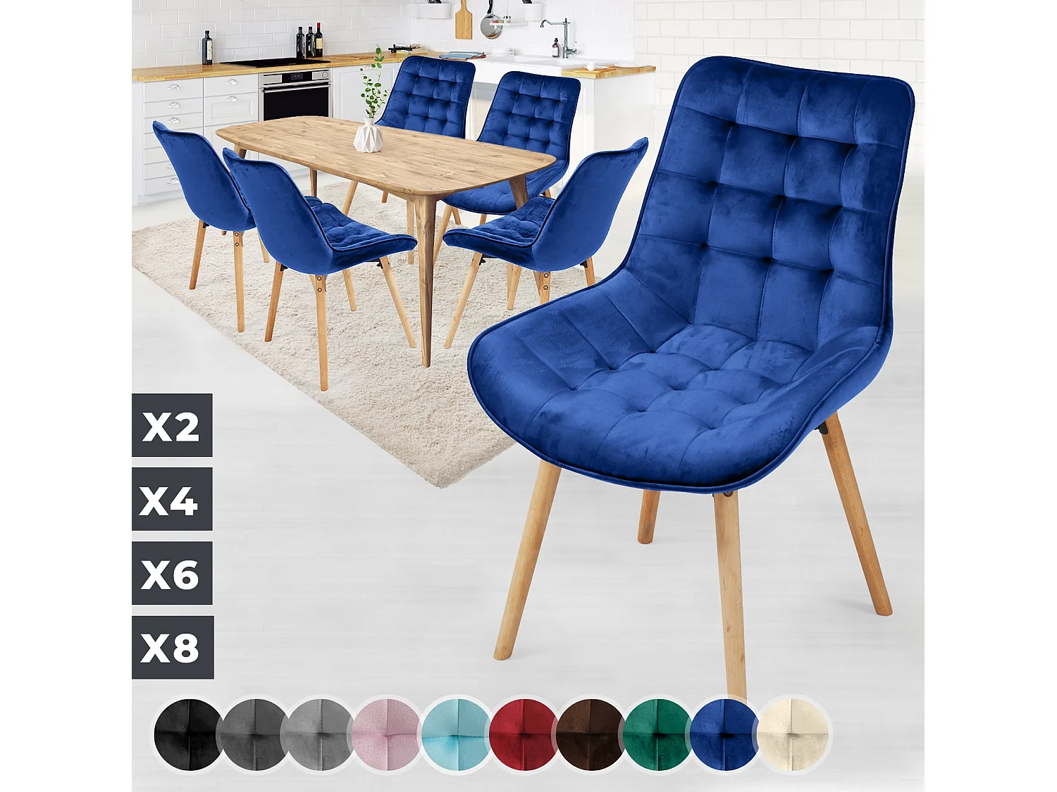 Floraya - set 6 trendy fluwelen eetkamerstoelen - blauw
