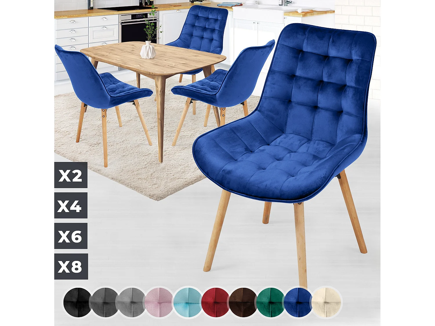 Floraya - ensemble 4 chaises de salle à manger branché en velours - bleu