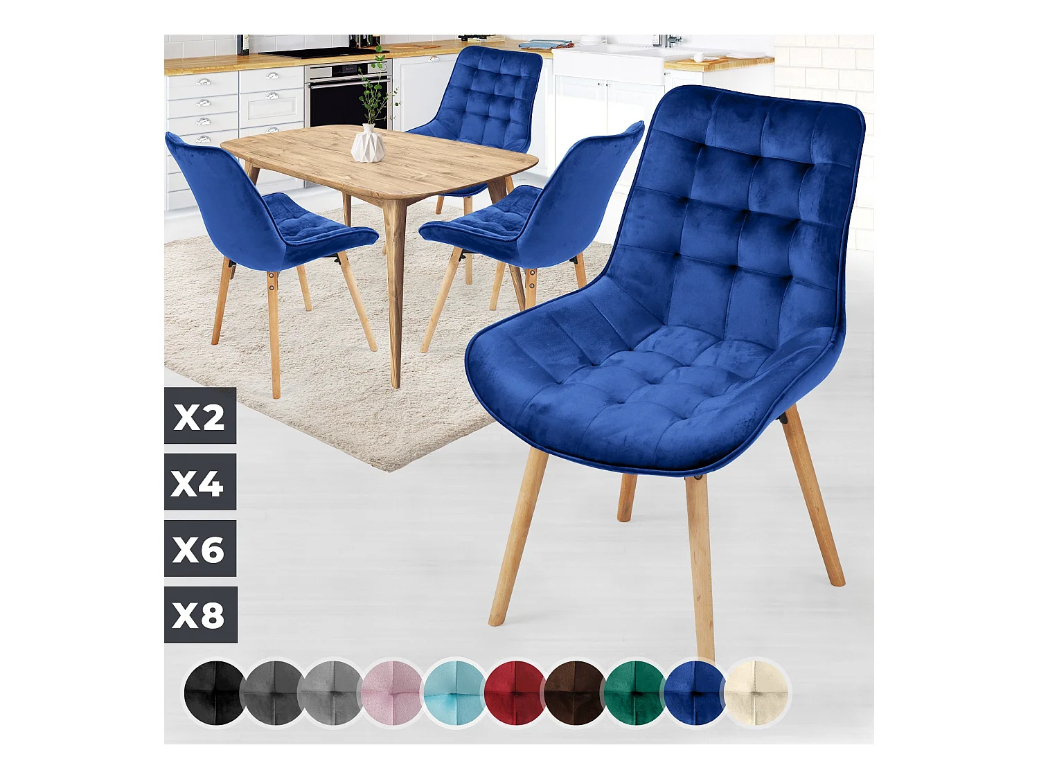 Floraya - ensemble 4 chaises de salle à manger branché en velours - bleu