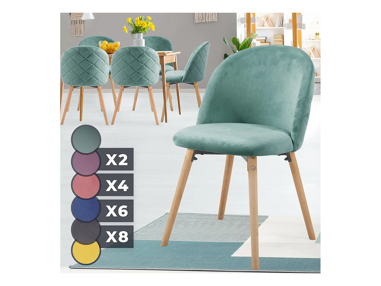 Floraya - set 6 moderne fluwelen eetkamerstoelen - turquoise