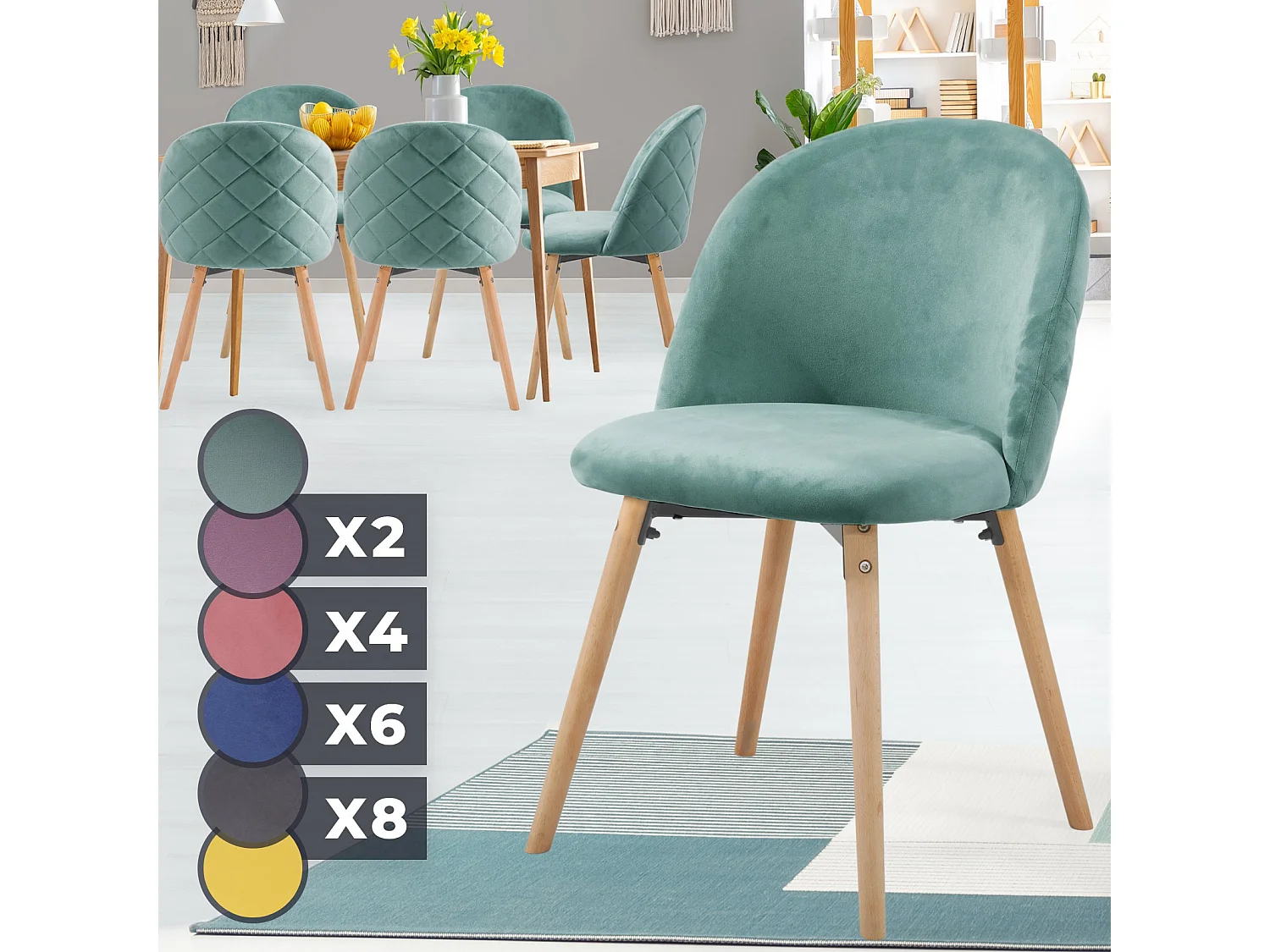 Floraya - set 6 moderne fluwelen eetkamerstoelen - turquoise