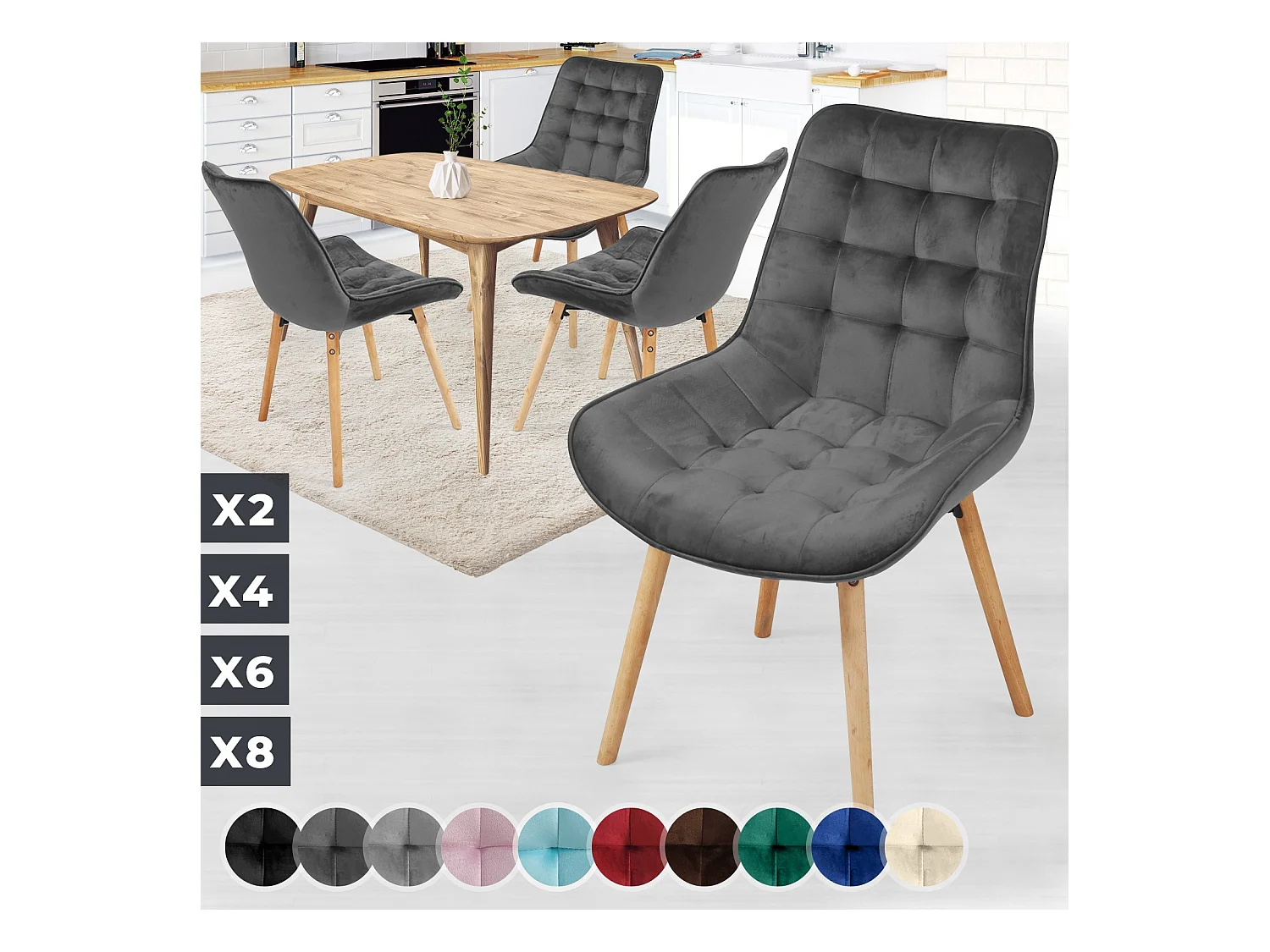 Floraya - ensemble 4 chaises de salle à manger branché en velours - gris foncé