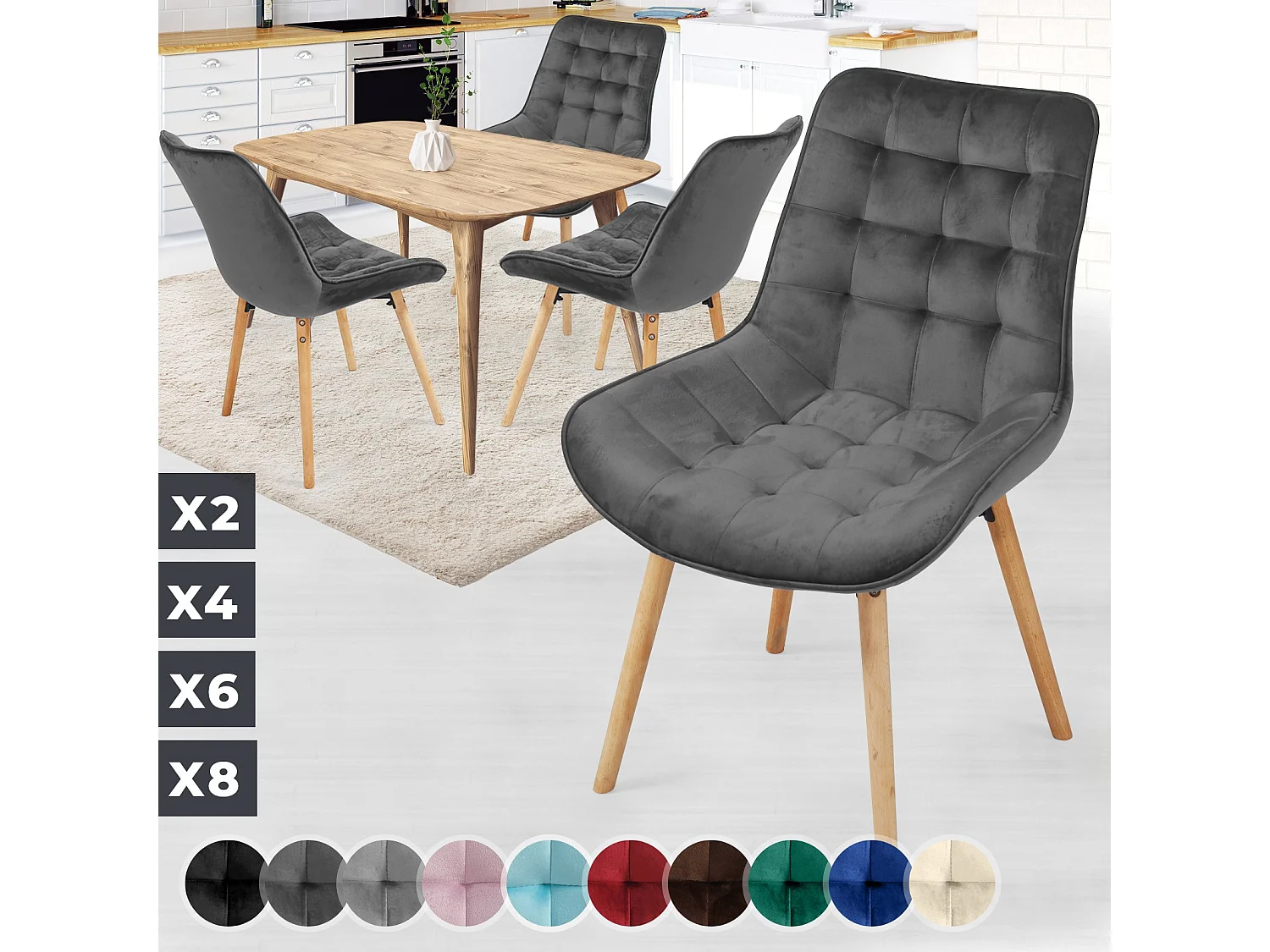 Floraya - ensemble 4 chaises de salle à manger branché en velours - gris foncé