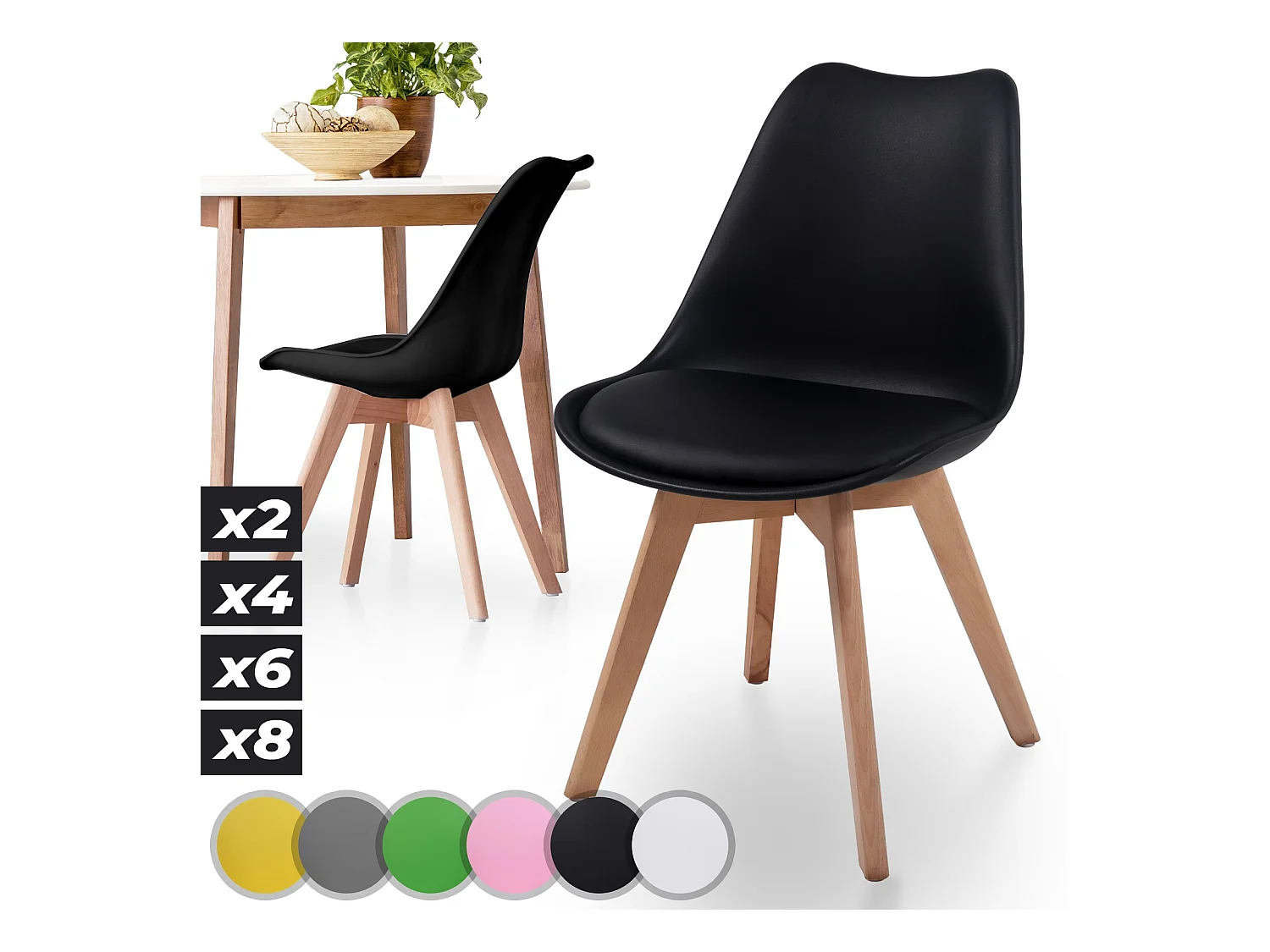 Floraya - Set 2 Scandinavische eetkamerstoelen met zitkussen - zwart