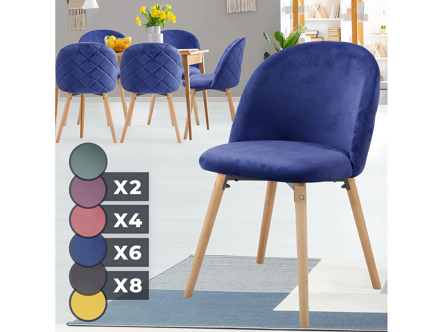 Floraya - set 6 moderne fluwelen eetkamerstoelen - licht blauw