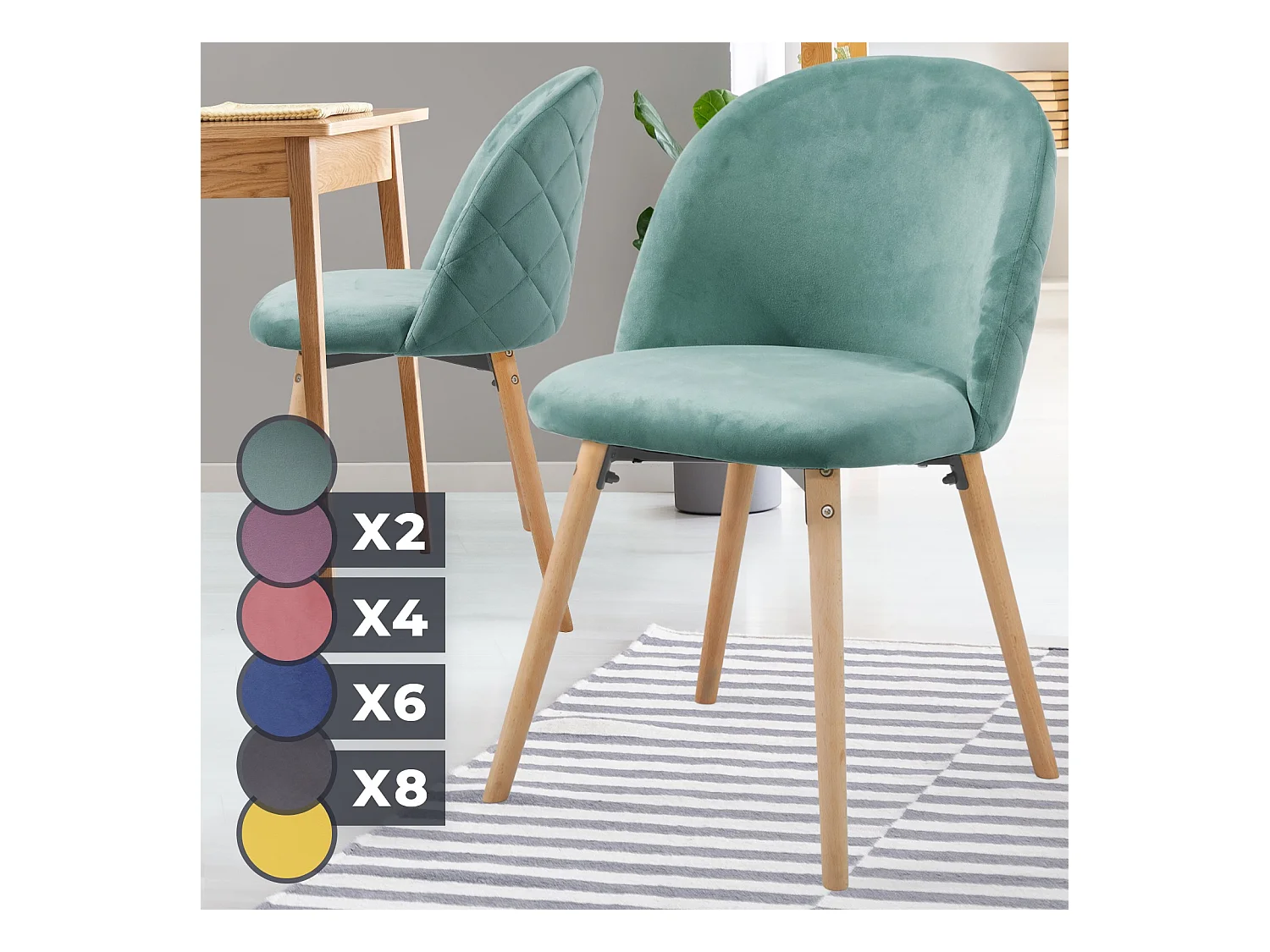 Floraya - set 2 moderne fluwelen eetkamerstoelen - turquoise