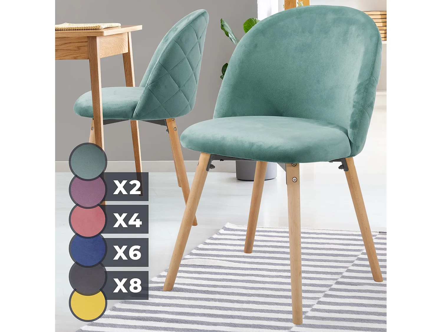 Floraya - set 2 moderne fluwelen eetkamerstoelen - turquoise