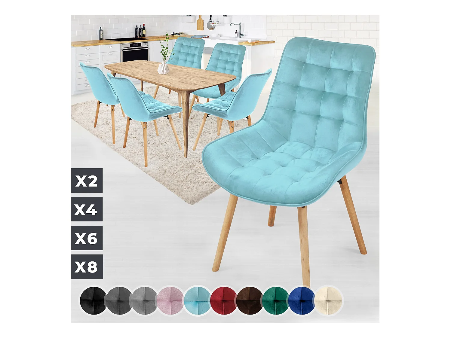 Floraya - ensemble 6 chaises de salle à manger branché en velours - turquoise