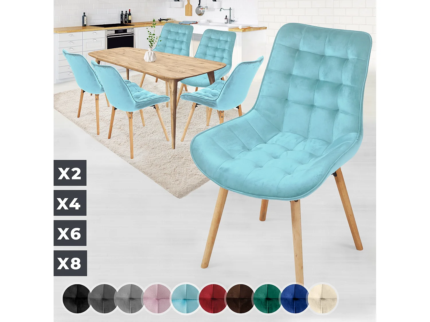 Floraya - ensemble 6 chaises de salle à manger branché en velours - turquoise