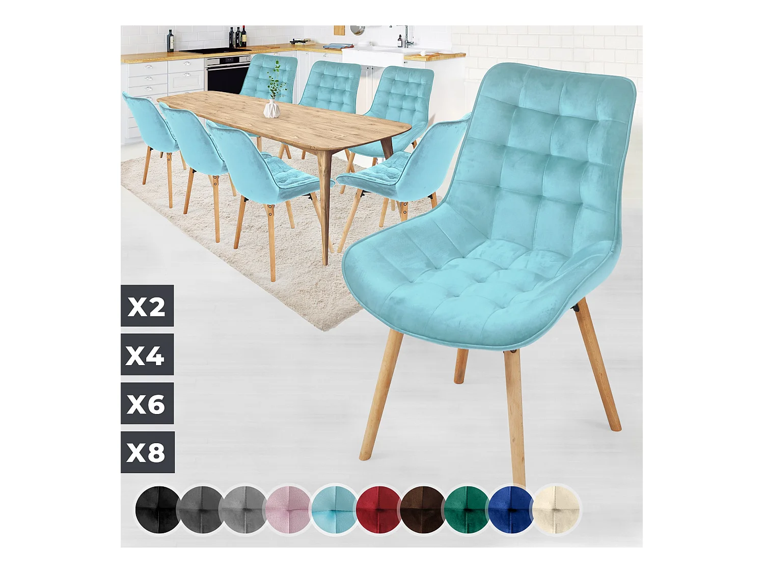 Floraya - ensemble 8 chaises de salle à manger branché en velours - turquoise