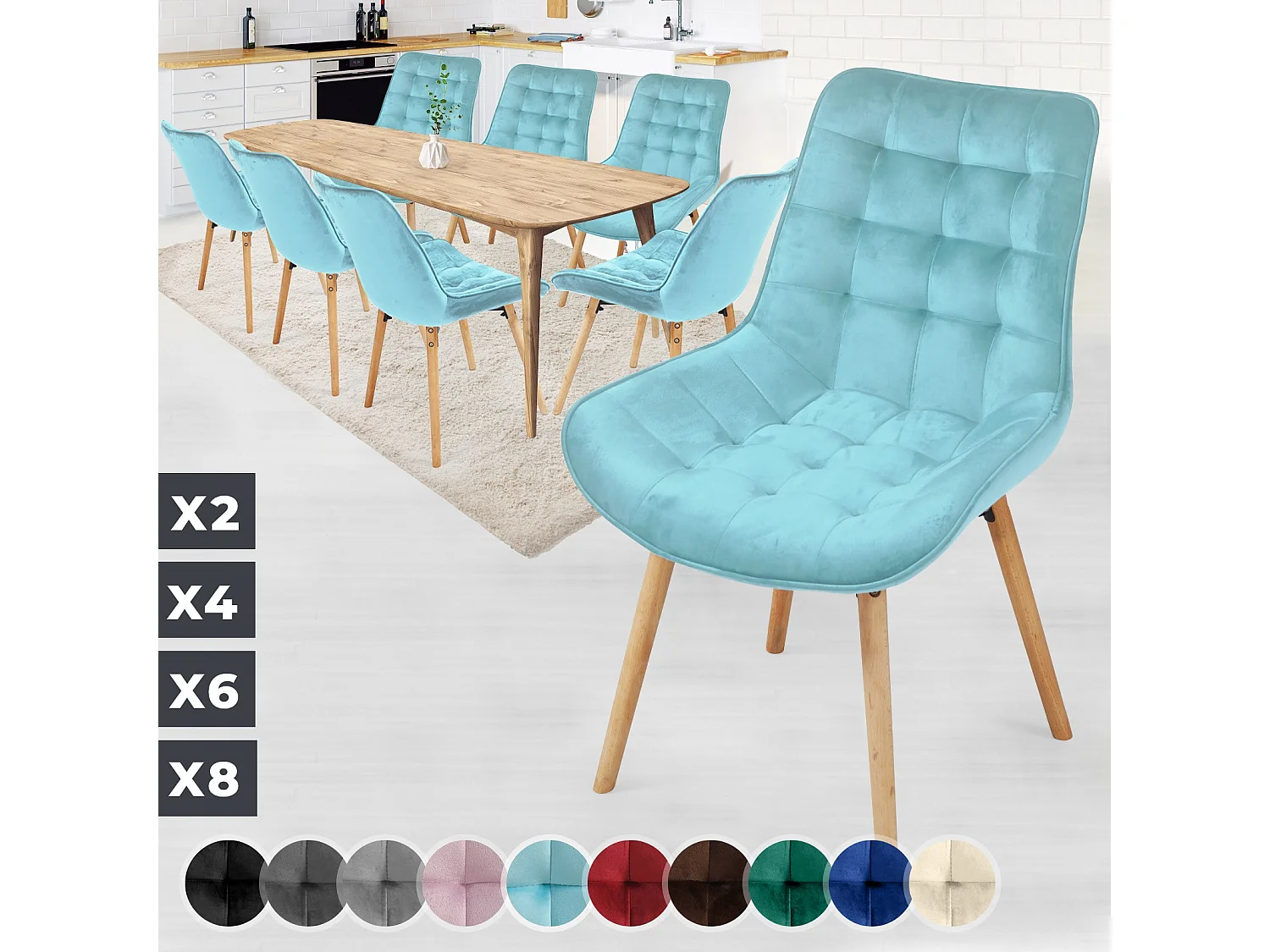 Floraya - set 8 trendy fluwelen eetkamerstoelen - turquoise
