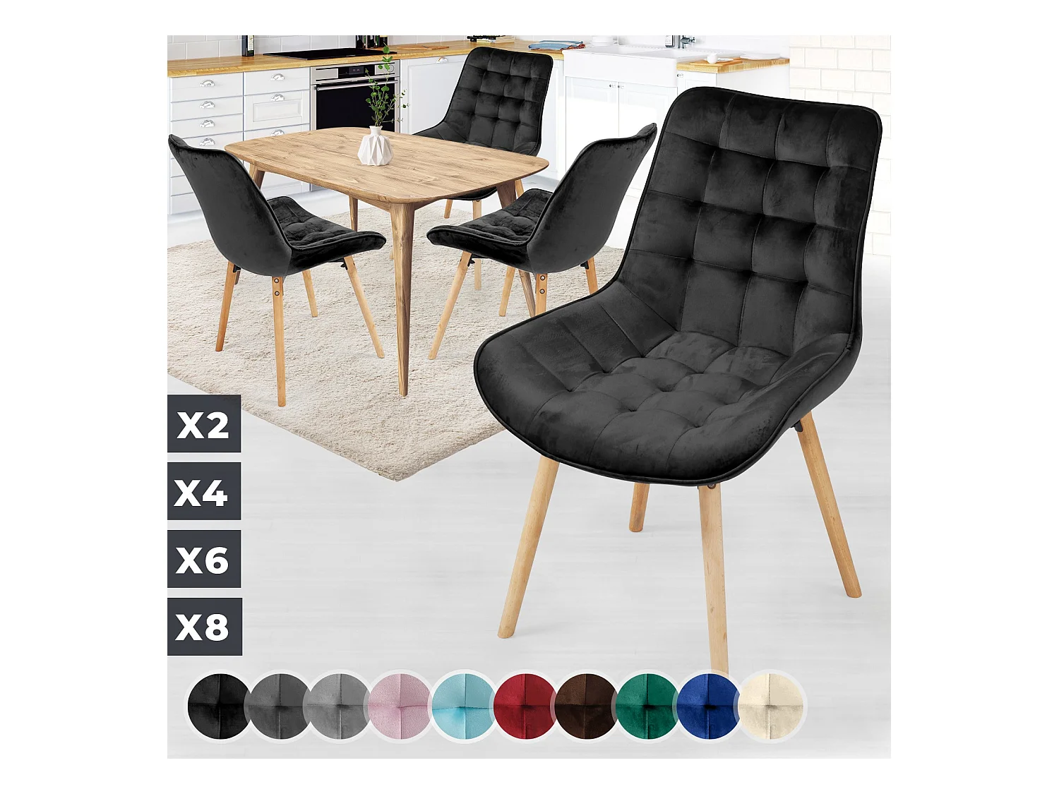 Floraya - ensemble 4 chaises de salle à manger branché en velours - anthracite