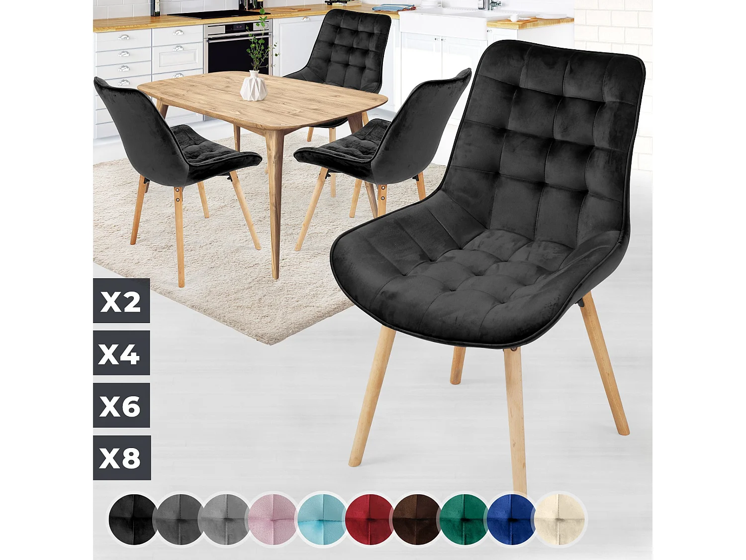 Floraya - ensemble 4 chaises de salle à manger branché en velours - anthracite