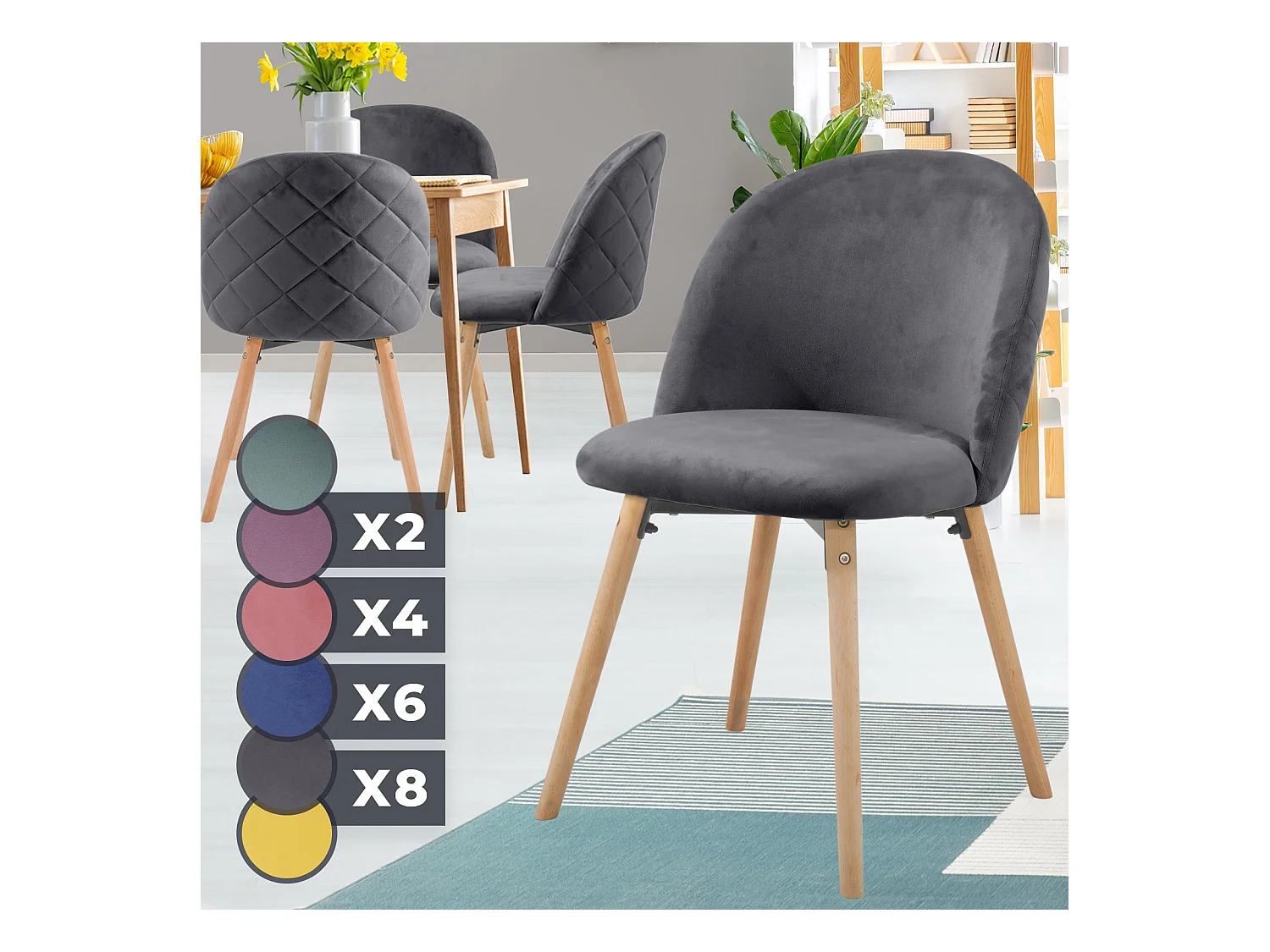 Floraya - ensemble 4 chaises de salle à manger modernes en velours - gris foncé