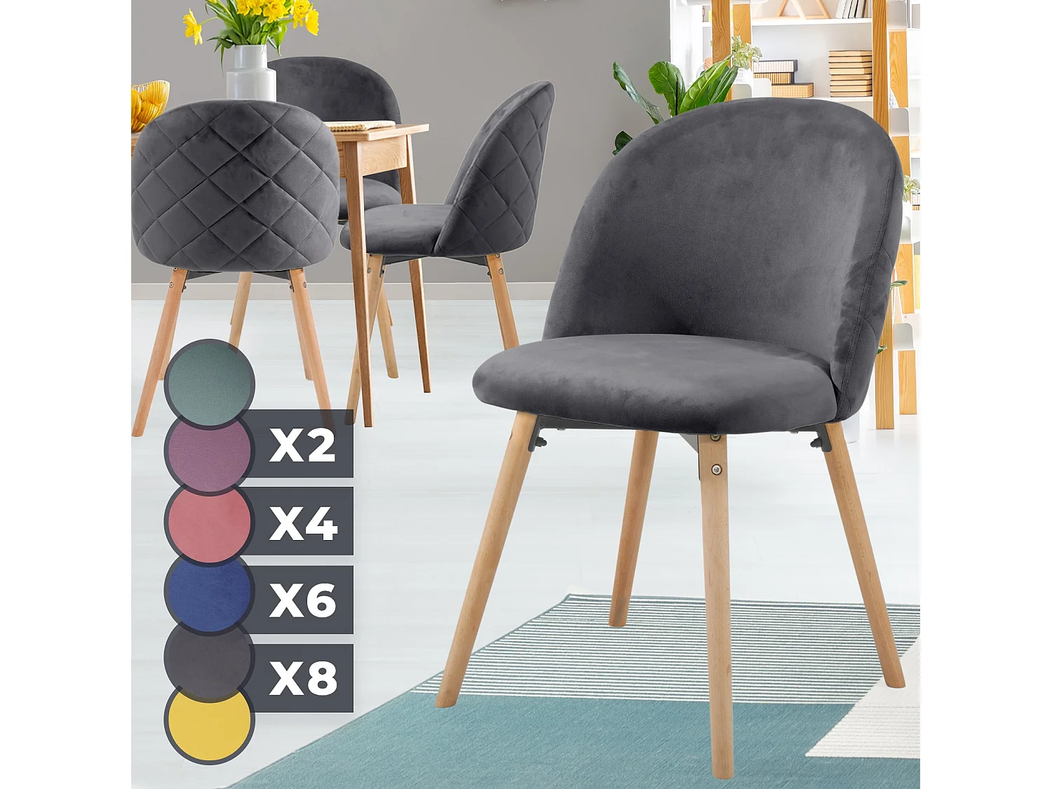 Floraya - ensemble 4 chaises de salle à manger modernes en velours - gris foncé