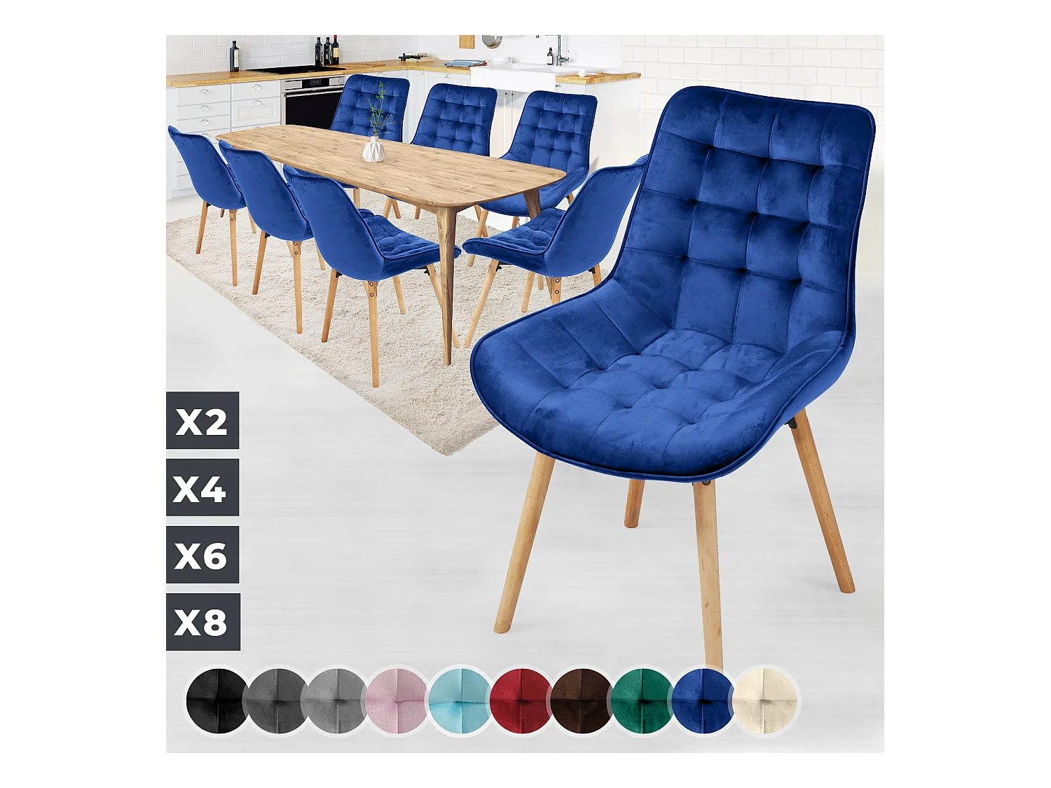 Floraya - ensemble 8 chaises de salle à manger branché en velours - bleu