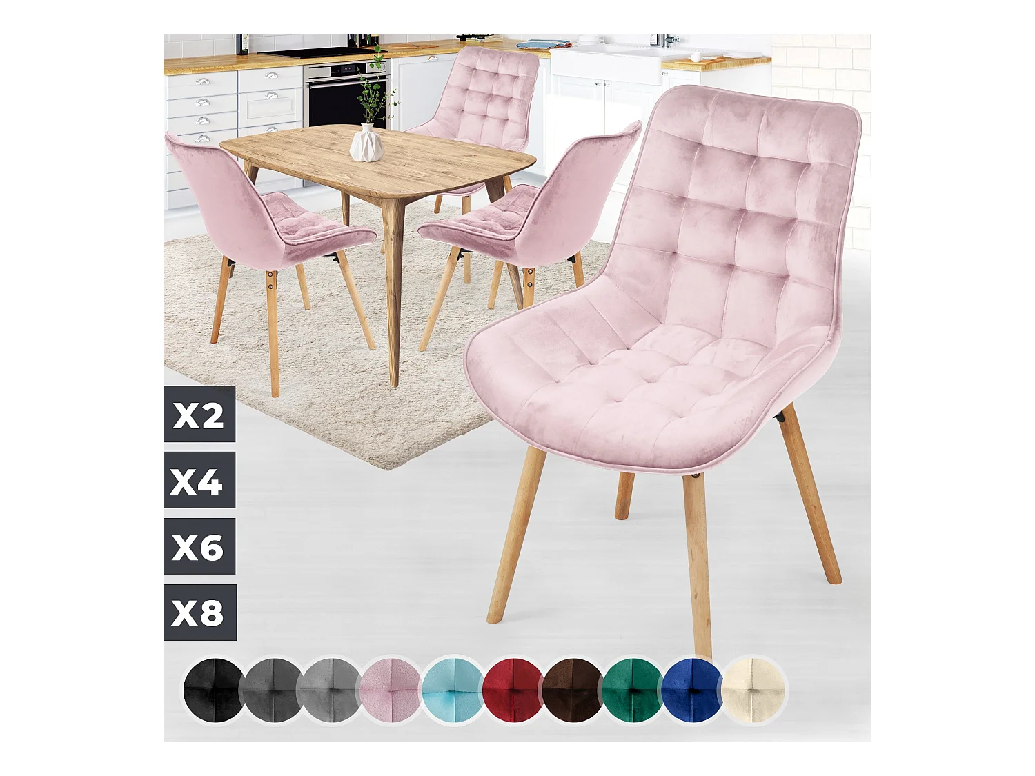 Floraya - set 4 trendy fluwelen eetkamerstoelen - roze