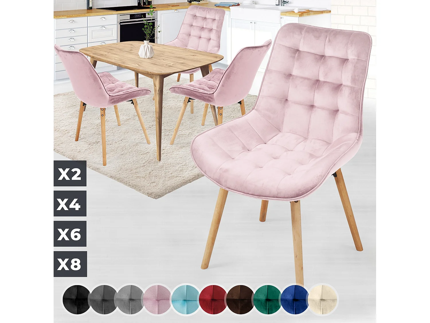 Floraya - ensemble 4 chaises de salle à manger branché en velours - rose