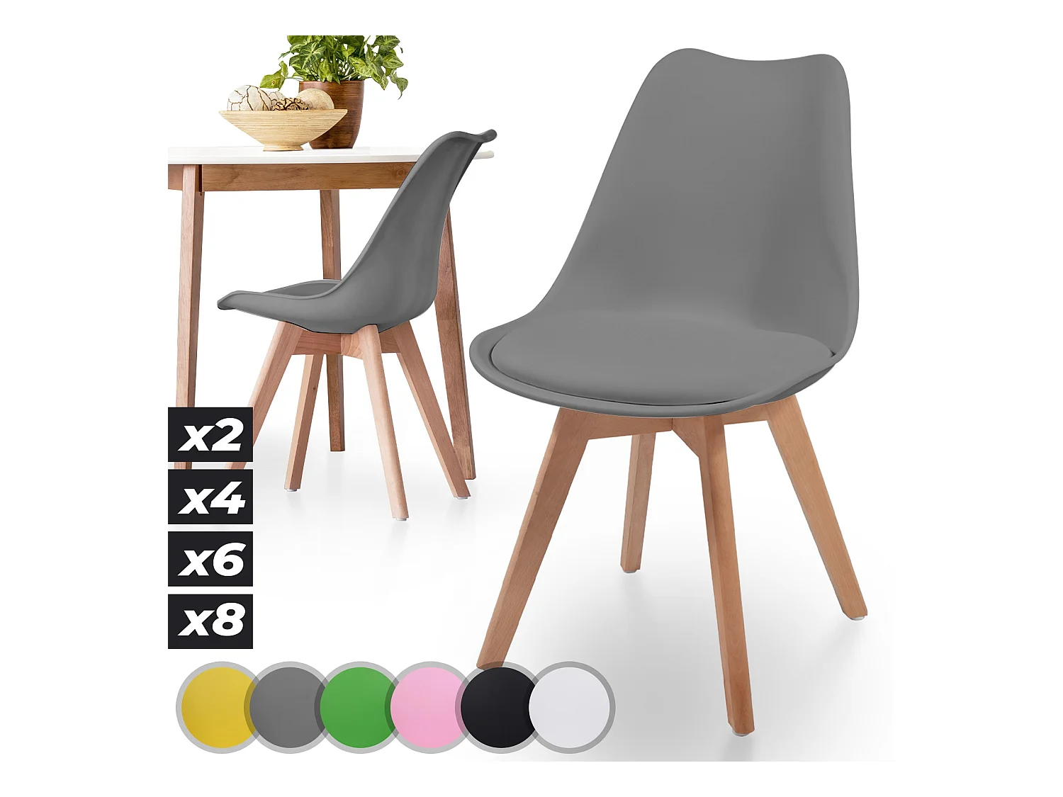 Floraya - Set 2 Scandinavische eetkamerstoelen met zitkussen - grijs