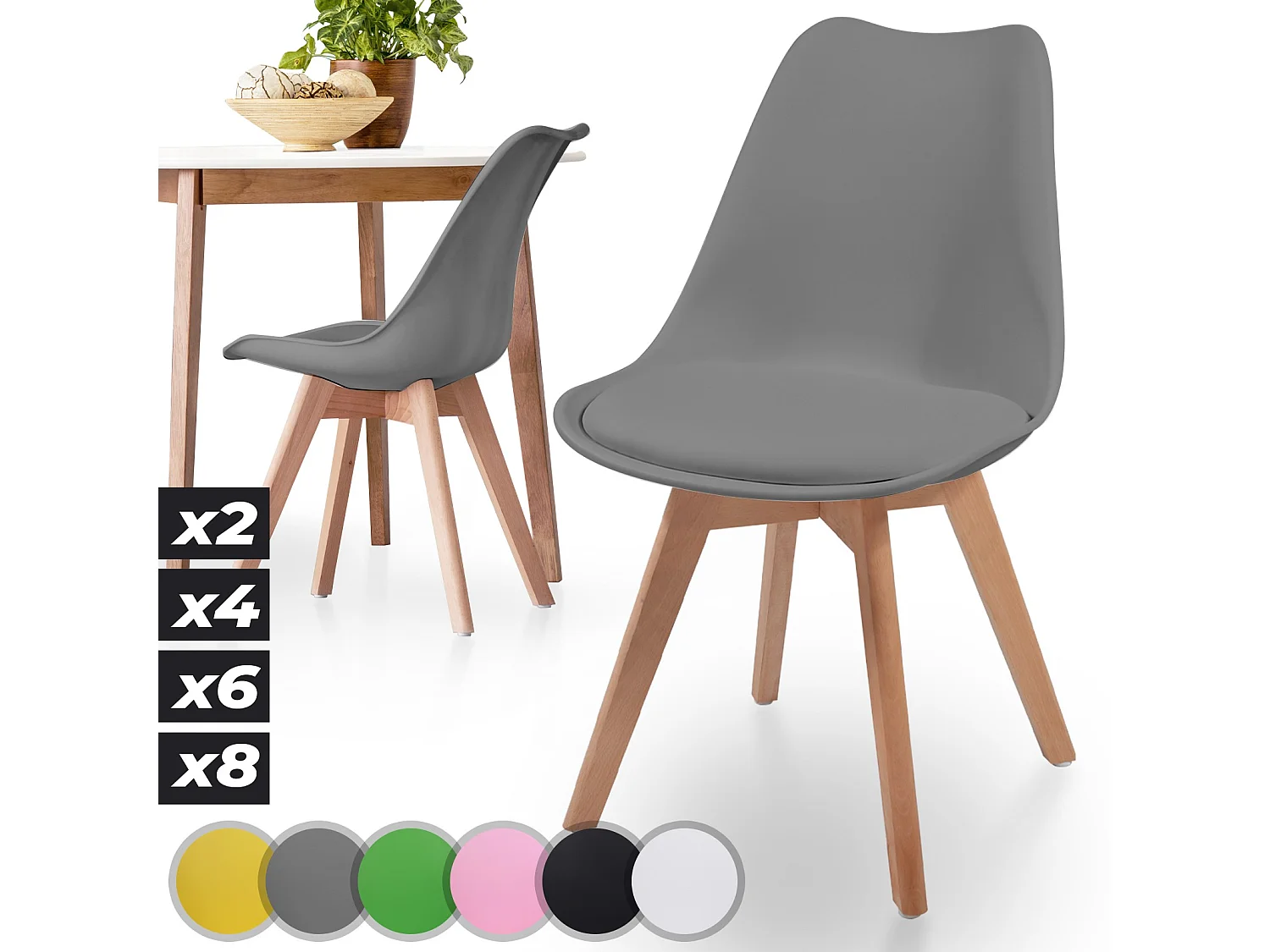 Floraya - Set 2 Scandinavische eetkamerstoelen met zitkussen - grijs