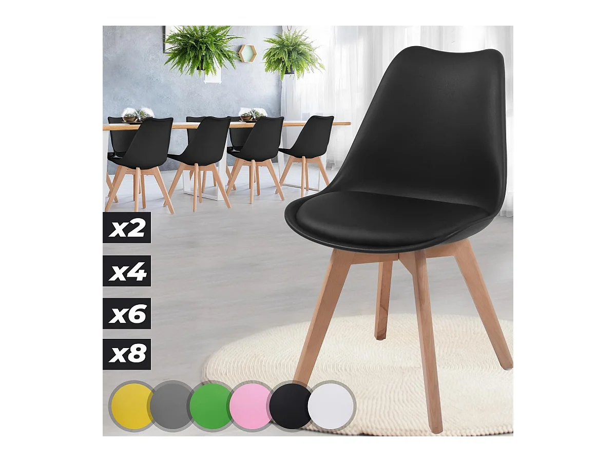 Floraya - ensemble 8 chaise de salle à manger scandinave avec oreiller - noir