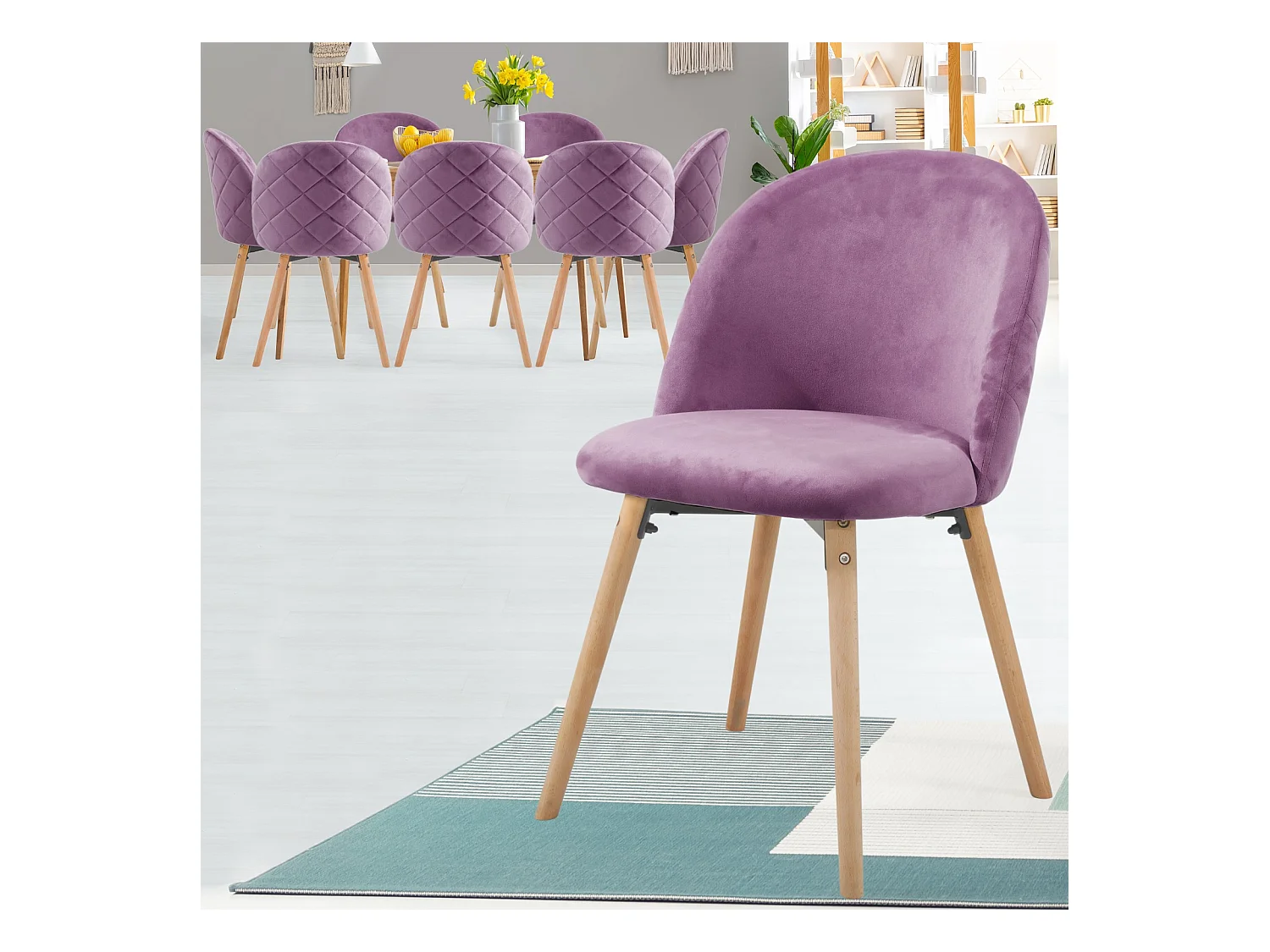 Floraya - set 8 moderne fluwelen eetkamerstoelen - paars