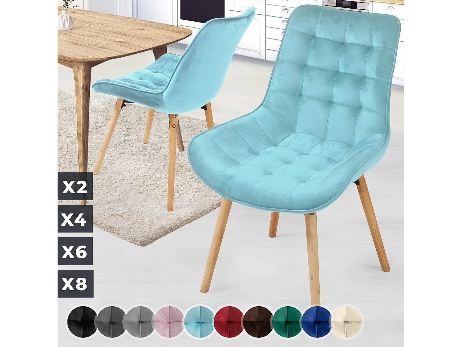 Floraya - set 2 trendy fluwelen eetkamerstoelen - turquoise