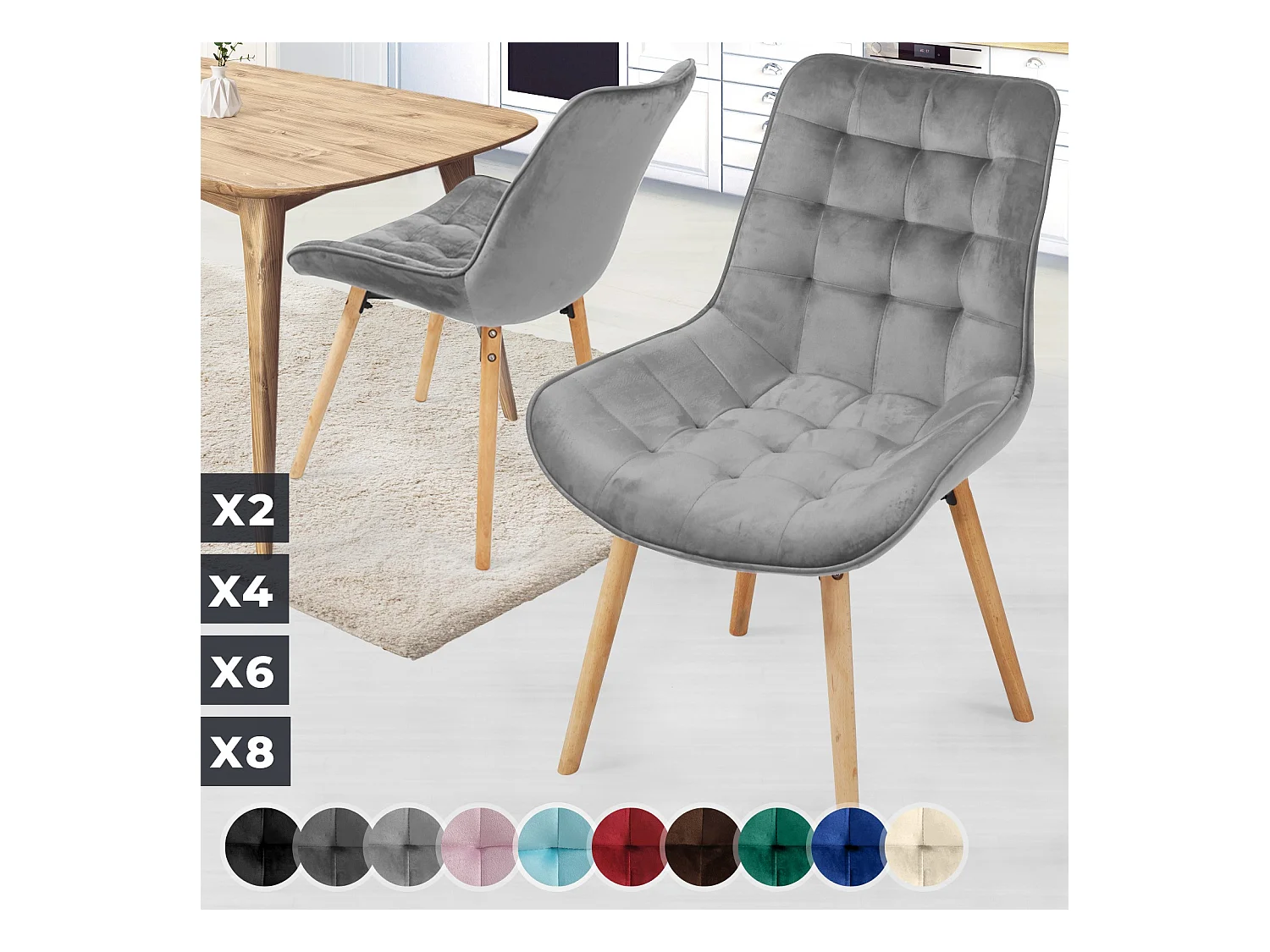 Floraya - set 2 trendy fluwelen eetkamerstoelen - licht grijs