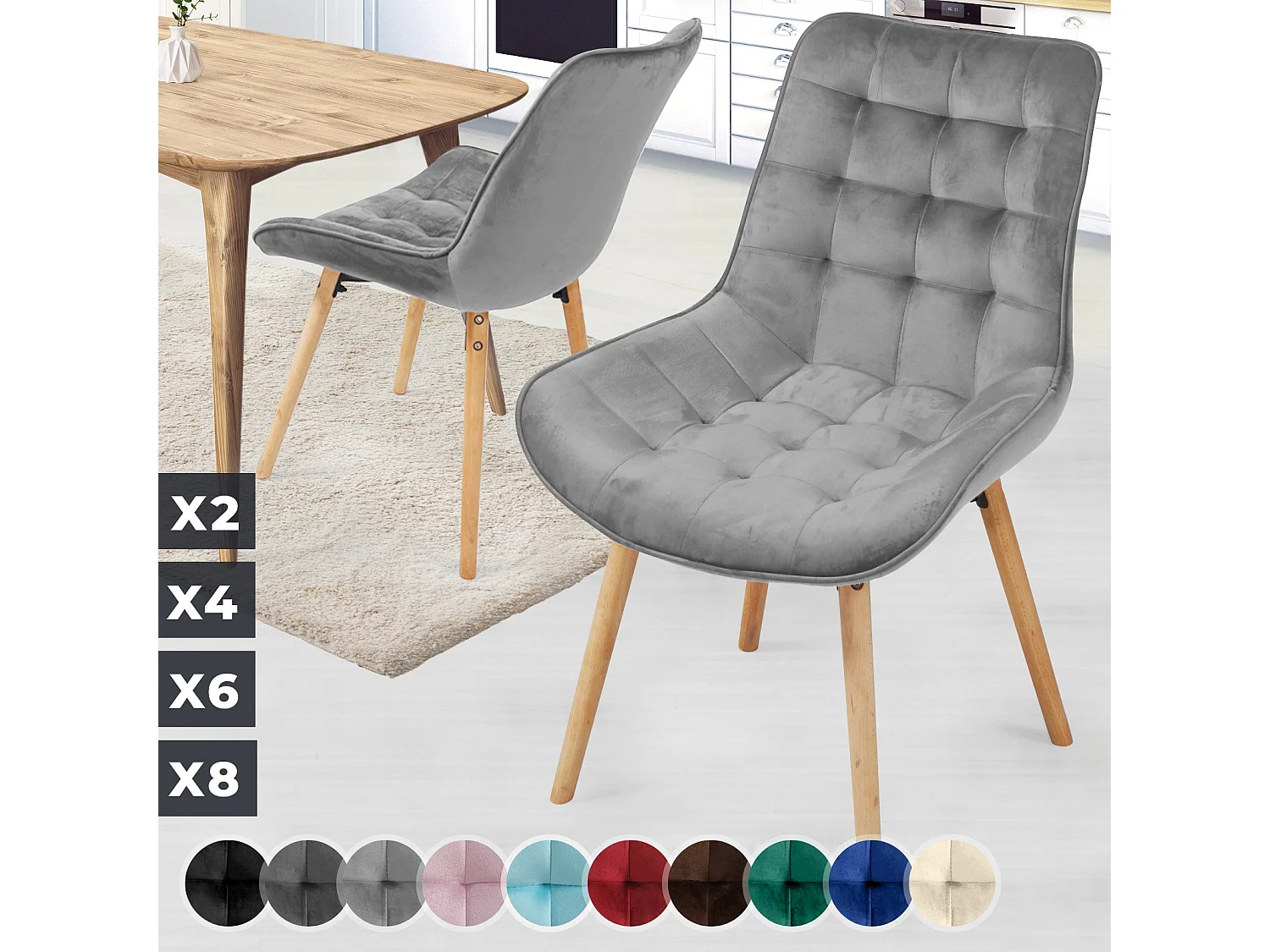 Floraya - set 2 trendy fluwelen eetkamerstoelen - licht grijs