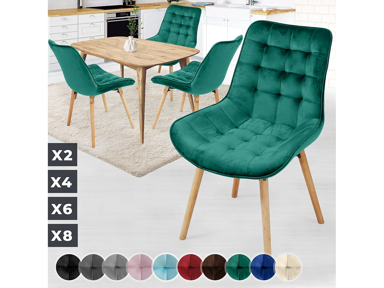 Floraya - set 4 trendy fluwelen eetkamerstoelen - groen