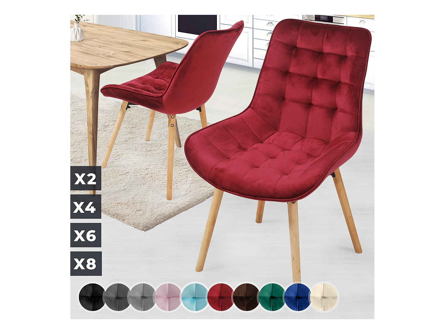 Floraya - ensemble 2 chaises de salle à manger branché en velours - rouge foncé
