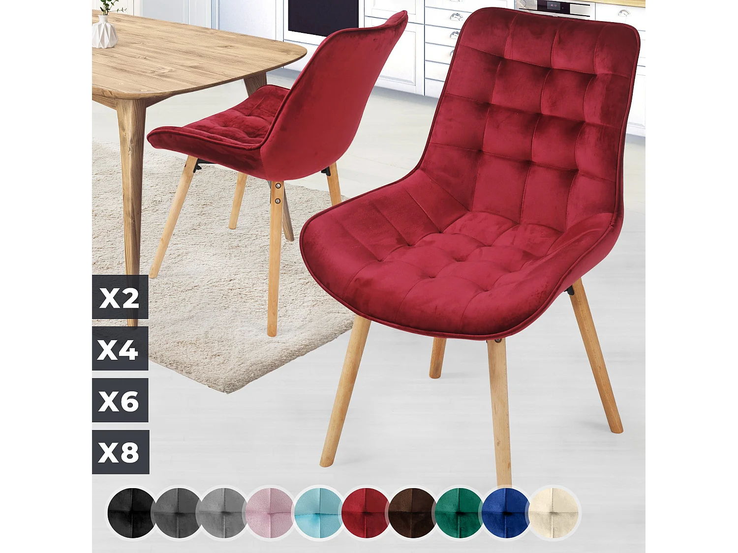 Floraya - ensemble 2 chaises de salle à manger branché en velours - rouge foncé