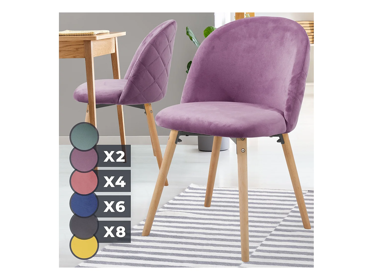 Floraya - set 2 moderne fluwelen eetkamerstoelen - paars